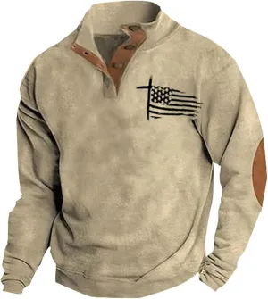 Men's American Flag Graphic Sweatshirts Western Aztec Print Vintage Top Henley Button Patchwork Pullover Sweaters