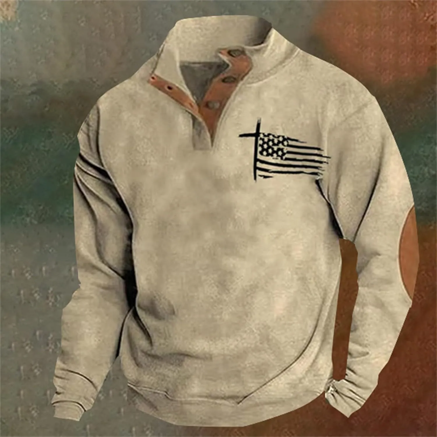Men's American Flag Graphic Sweatshirts Western Aztec Print Vintage Top Henley Button Patchwork Pullover Sweaters
