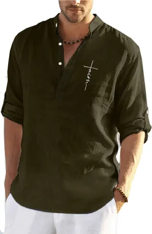 Men's Christian Faith Letter Print Long Sleeve Linen Shirt Casual Button V-Neck Henley Shirt Summer Beach Tops