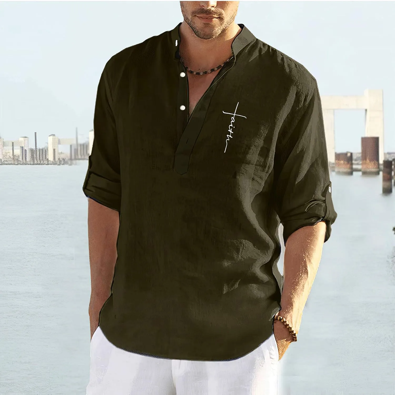 Men's Christian Faith Letter Print Long Sleeve Linen Shirt Casual Button V-Neck Henley Shirt Summer Beach Tops