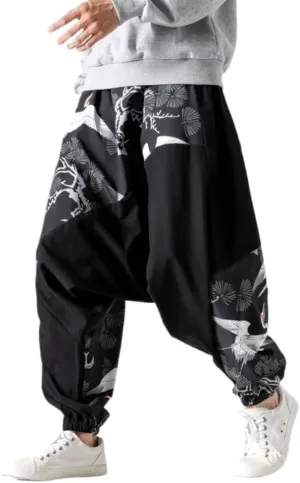 Men's Drawstring Boho Hippie Harem Pants Flying Crane Loose Drop Crotch Trousers Calligraphy Print Yoga Genie Pants (Black-1,XXL,Men,Male,Adult,US,Alpha,30.99,XX-Large,Regular,Regular)