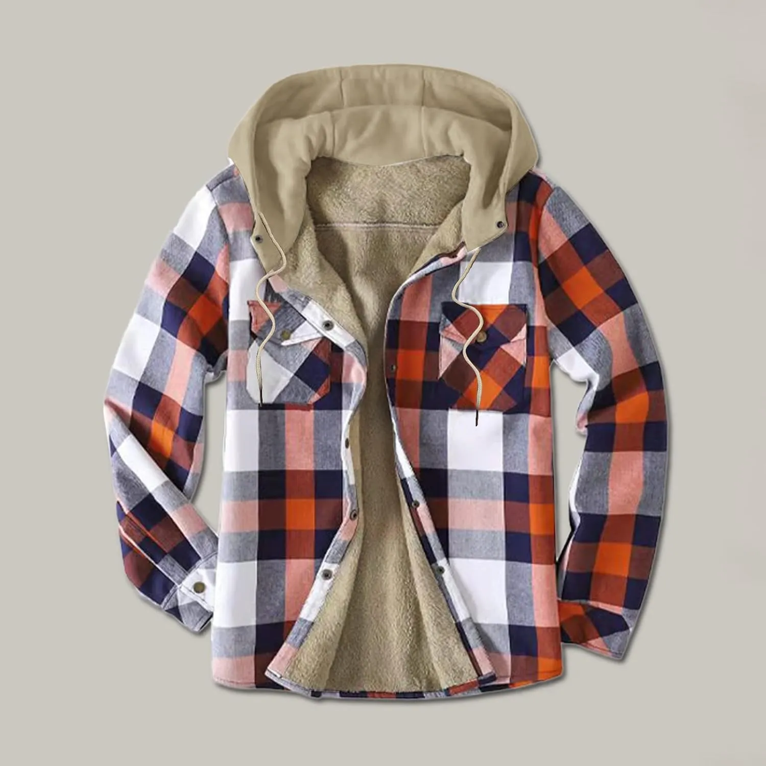 Men's Flannel Shirt Stripe Print Hooded Zipper Pocket Long Sleeve Shirt Patchwork Men's Plaid Hoodie Flannel Jacket