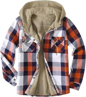Men's Flannel Shirt Stripe Print Hooded Zipper Pocket Long Sleeve Shirt Patchwork Men's Plaid Hoodie Flannel Jacket