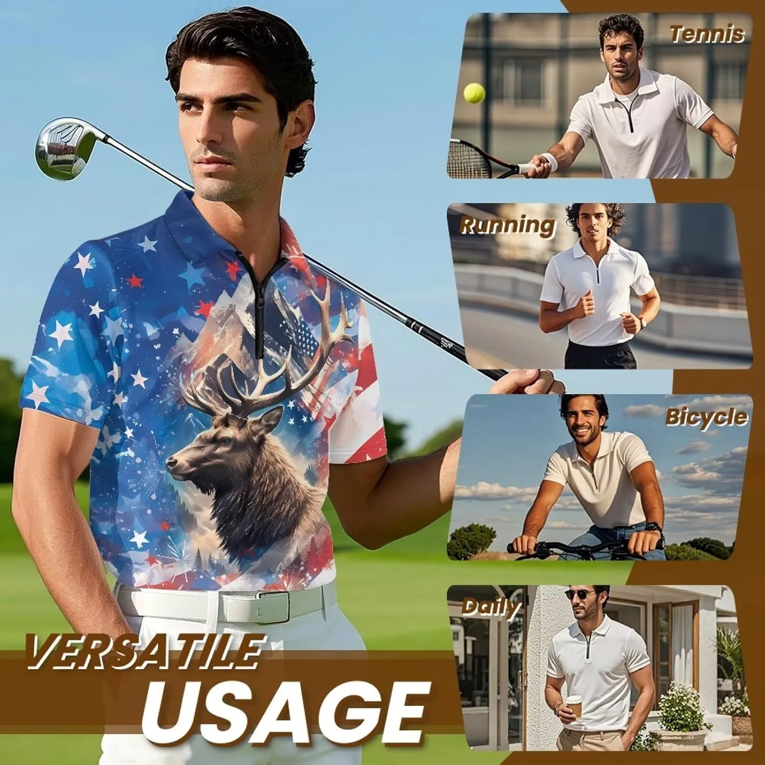 Men's Golf Shirts Short Sleeve Zipper Shirt Casual Slim Fit Sports Golf Shirt Summer Athletic Tennis Tops