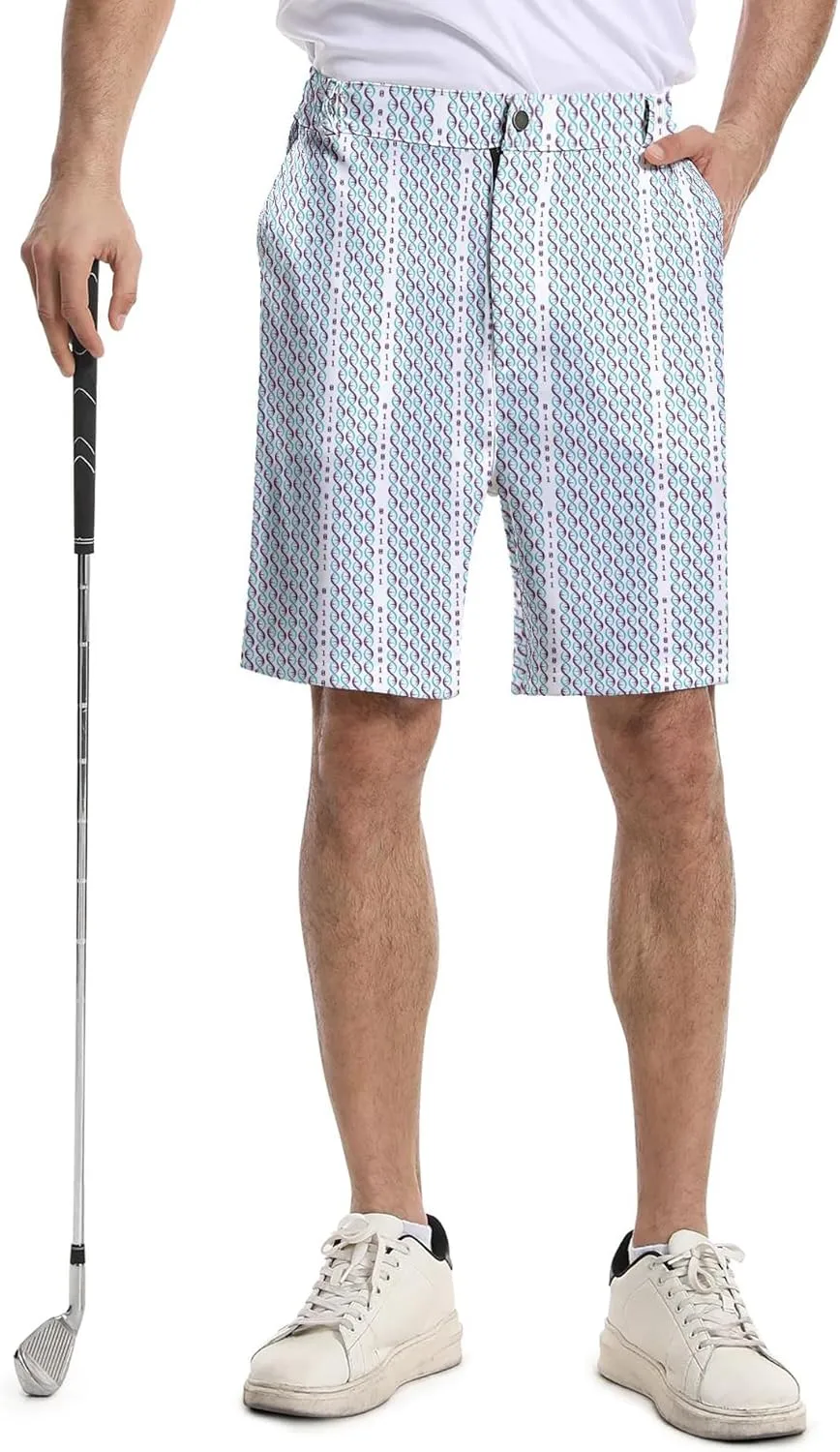 Mens Golf Shorts Print Casual Hiking Elastic Waist Dress Shorts with Zipper Pockets