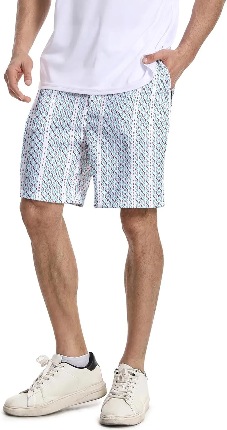 Mens Golf Shorts Print Casual Hiking Elastic Waist Dress Shorts with Zipper Pockets