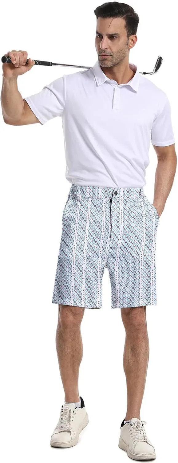 Mens Golf Shorts Print Casual Hiking Elastic Waist Dress Shorts with Zipper Pockets