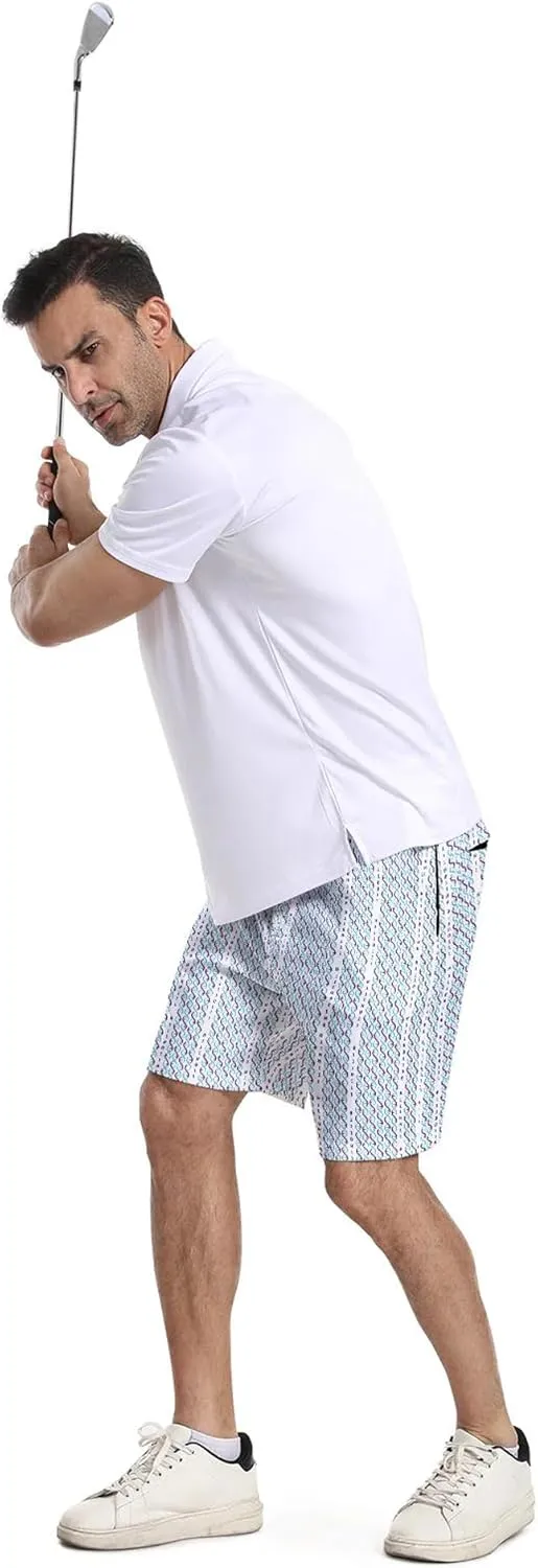 Mens Golf Shorts Print Casual Hiking Elastic Waist Dress Shorts with Zipper Pockets