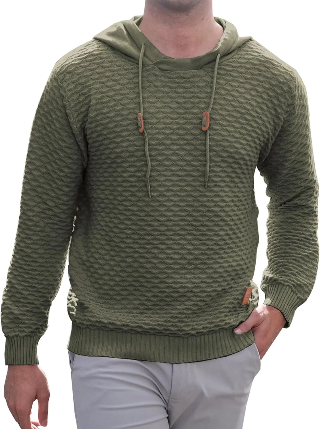 Mens Hooded Sweatshirt Casual Long Sleeve Drawstring Solid Knitted Hoodie Pullover Sweater