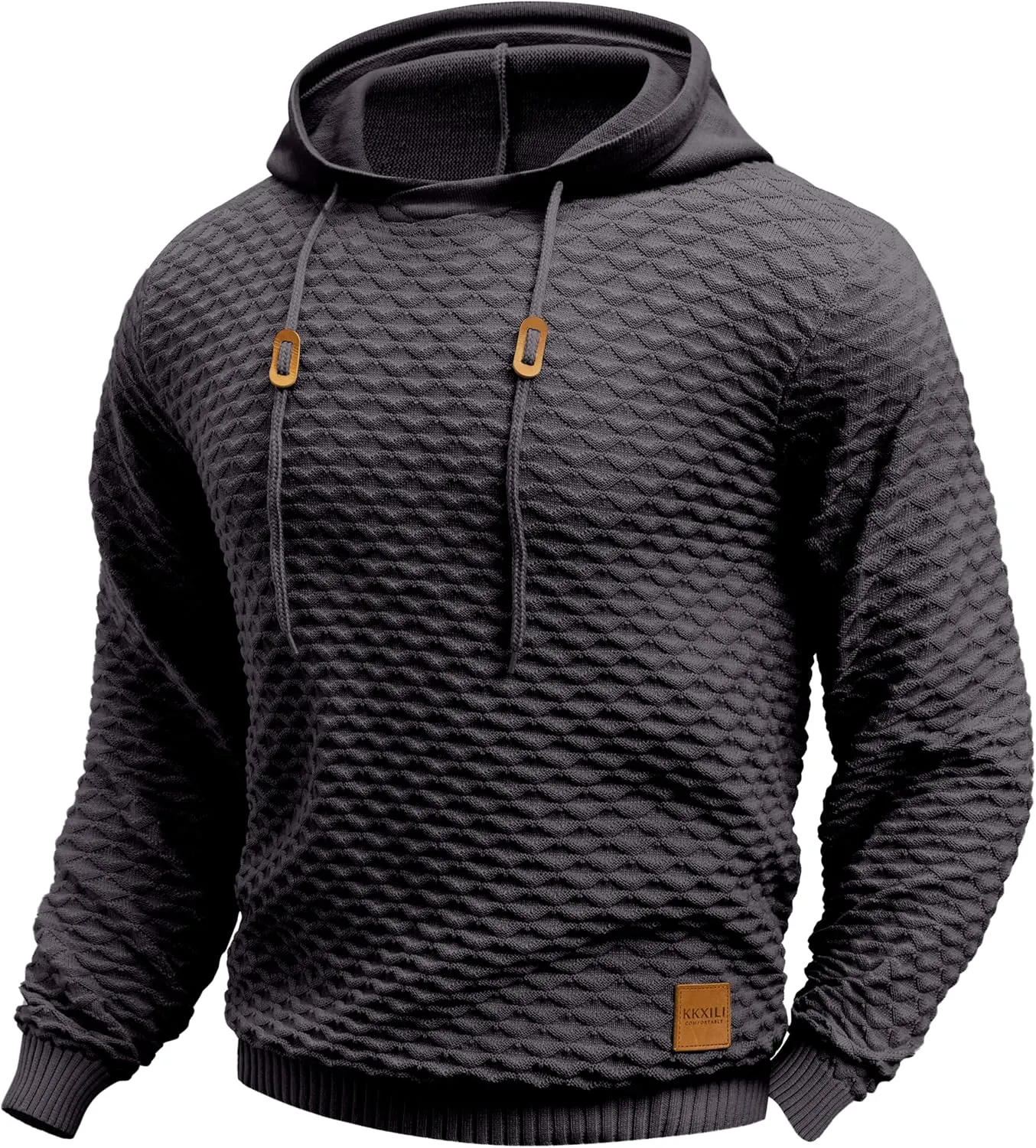 Mens Hooded Sweatshirt Casual Long Sleeve Drawstring Solid Knitted Hoodie Pullover Sweater