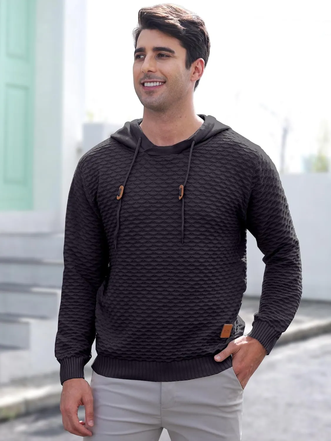 Mens Hooded Sweatshirt Casual Long Sleeve Drawstring Solid Knitted Hoodie Pullover Sweater