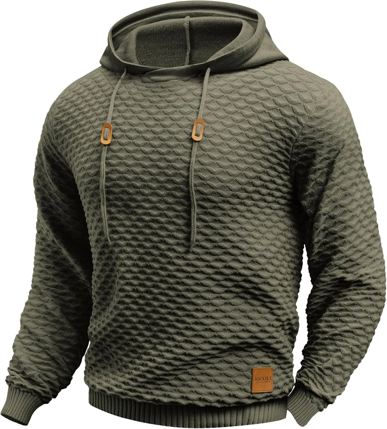Mens Hooded Sweatshirt Casual Long Sleeve Drawstring Solid Knitted Hoodie Pullover Sweater