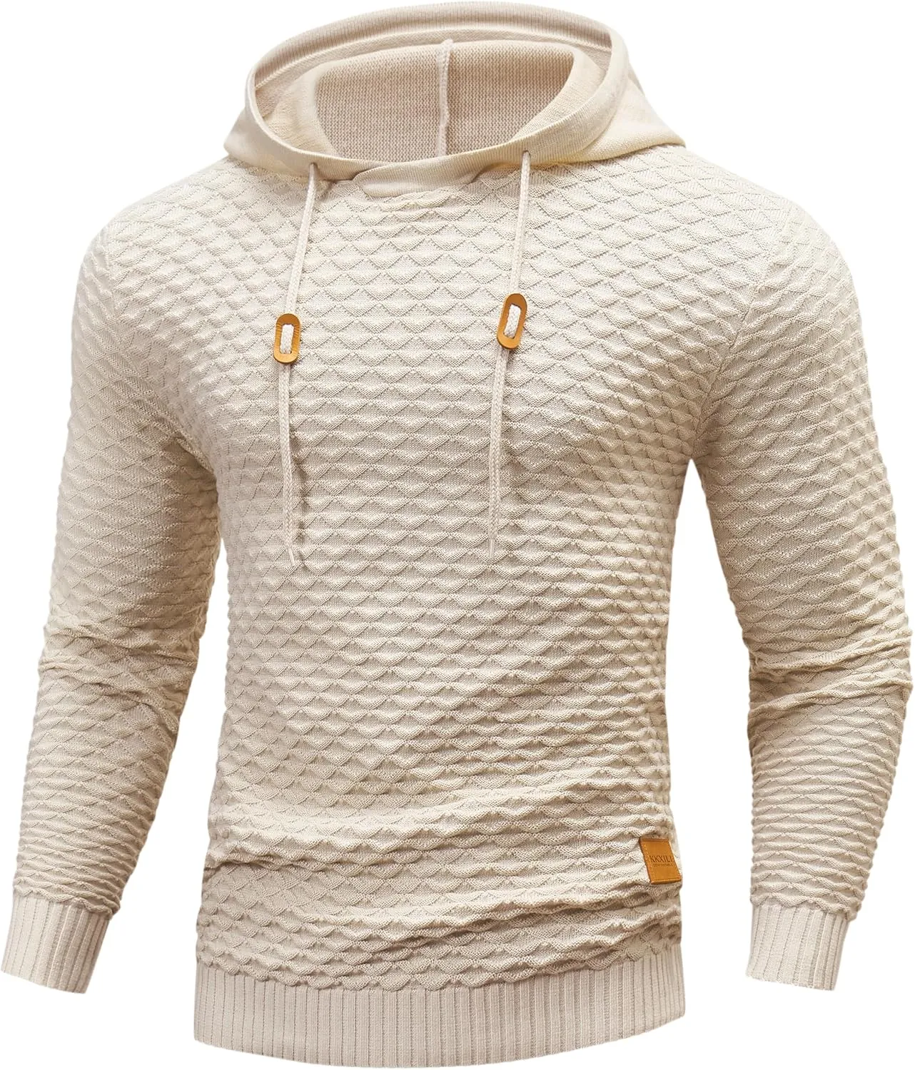 Mens Hooded Sweatshirt Casual Long Sleeve Drawstring Solid Knitted Hoodie Pullover Sweater