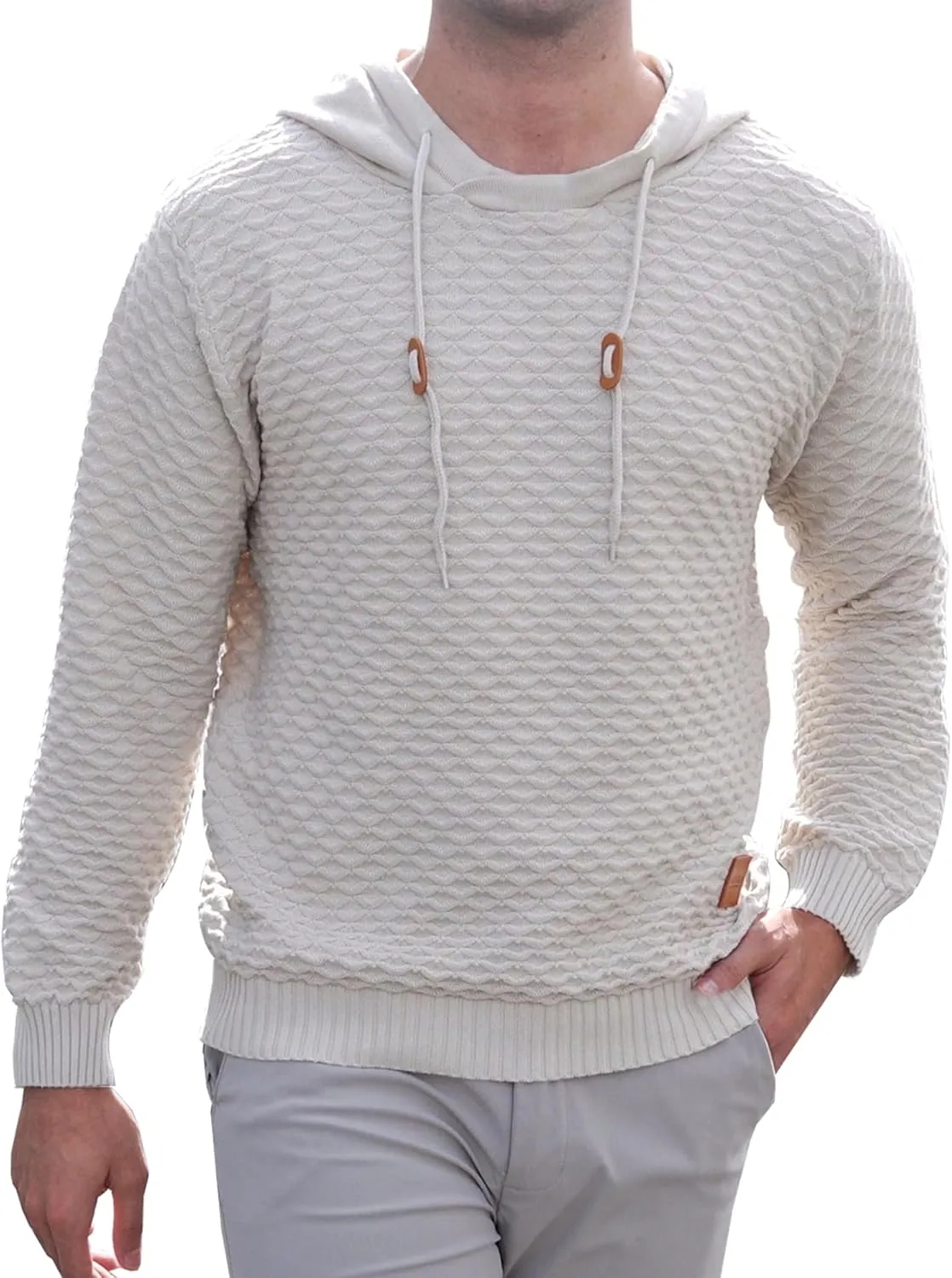 Mens Hooded Sweatshirt Casual Long Sleeve Drawstring Solid Knitted Hoodie Pullover Sweater