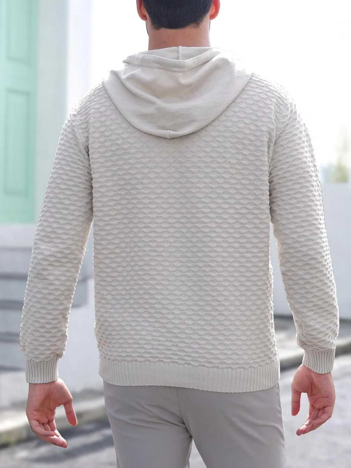 Mens Hooded Sweatshirt Casual Long Sleeve Drawstring Solid Knitted Hoodie Pullover Sweater