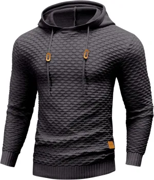 Mens Hooded Sweatshirt Casual Long Sleeve Drawstring Solid Knitted Hoodie Pullover Sweater