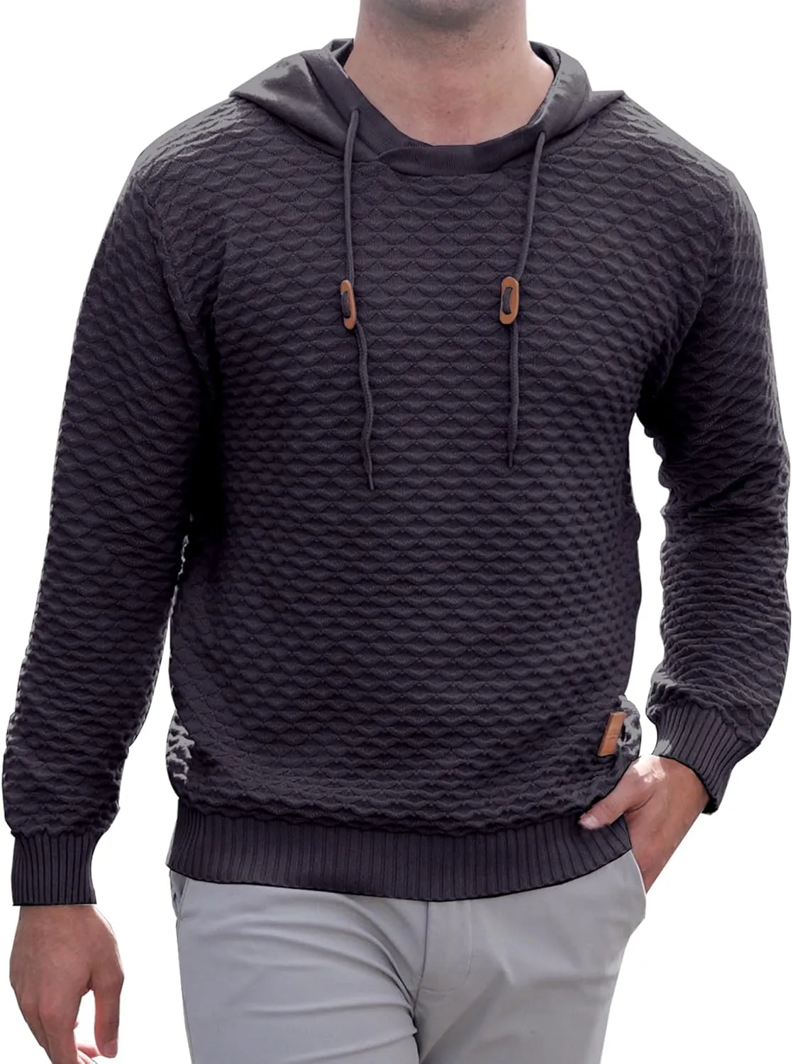 Mens Hooded Sweatshirt Casual Long Sleeve Drawstring Solid Knitted Hoodie Pullover Sweater