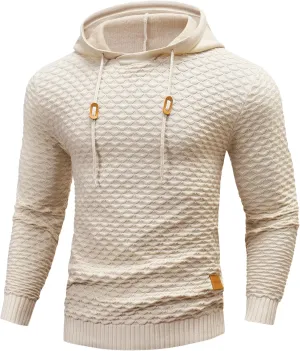 Mens Hooded Sweatshirt Casual Long Sleeve Drawstring Solid Knitted Hoodie Pullover Sweater