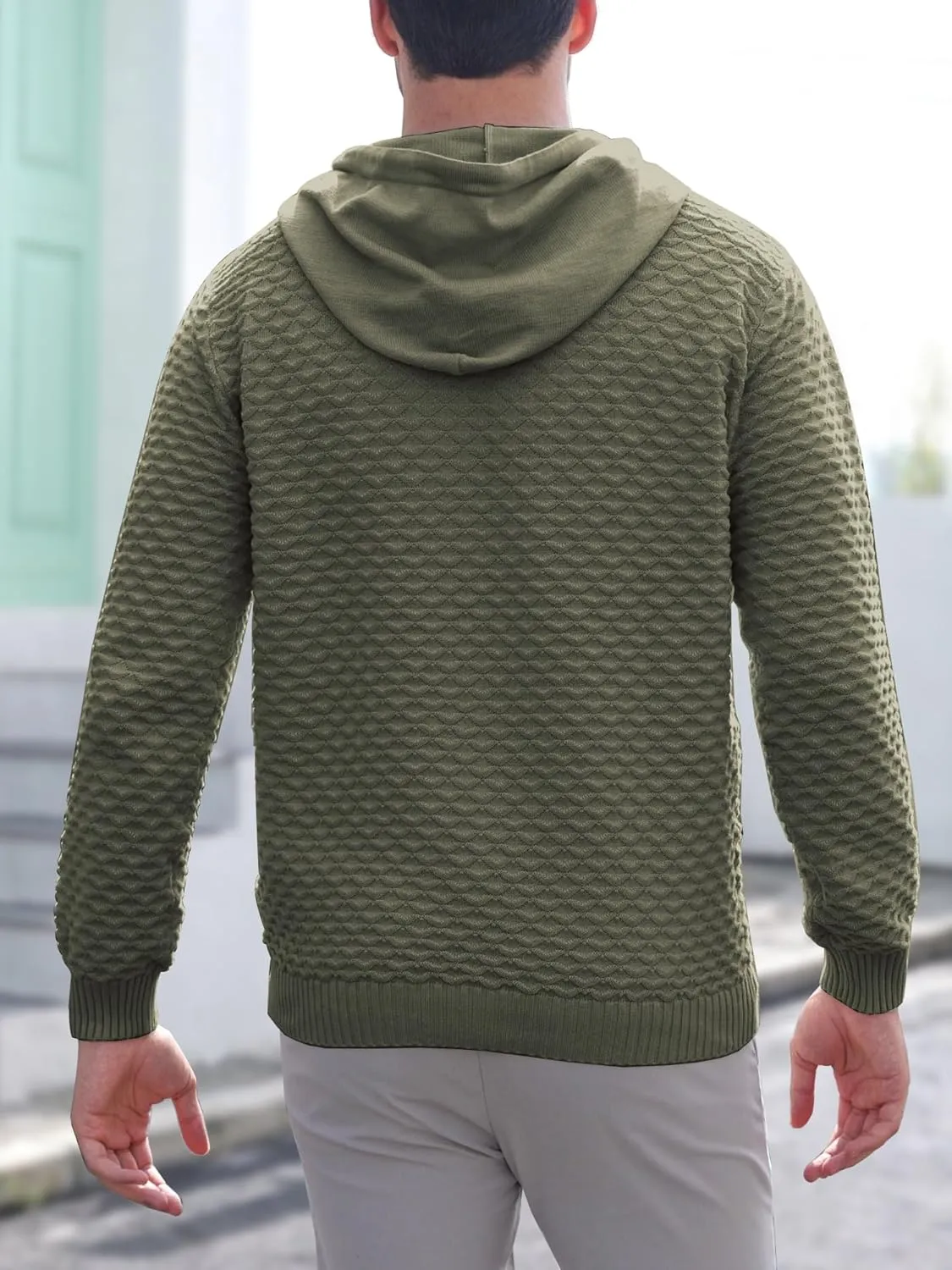 Mens Hooded Sweatshirt Casual Long Sleeve Drawstring Solid Knitted Hoodie Pullover Sweater