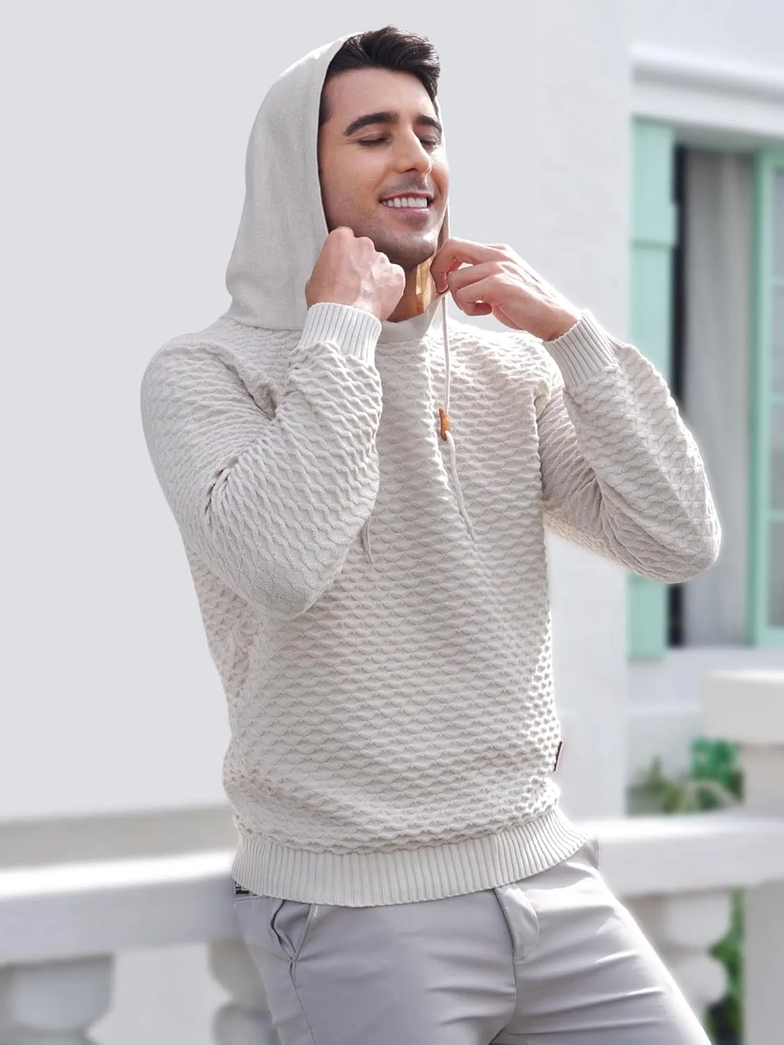 Mens Hooded Sweatshirt Casual Long Sleeve Drawstring Solid Knitted Hoodie Pullover Sweater