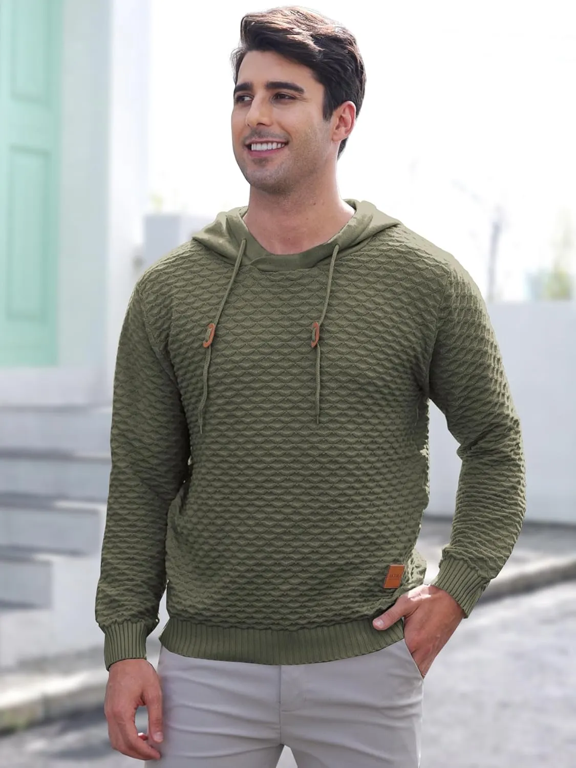 Mens Hooded Sweatshirt Casual Long Sleeve Drawstring Solid Knitted Hoodie Pullover Sweater