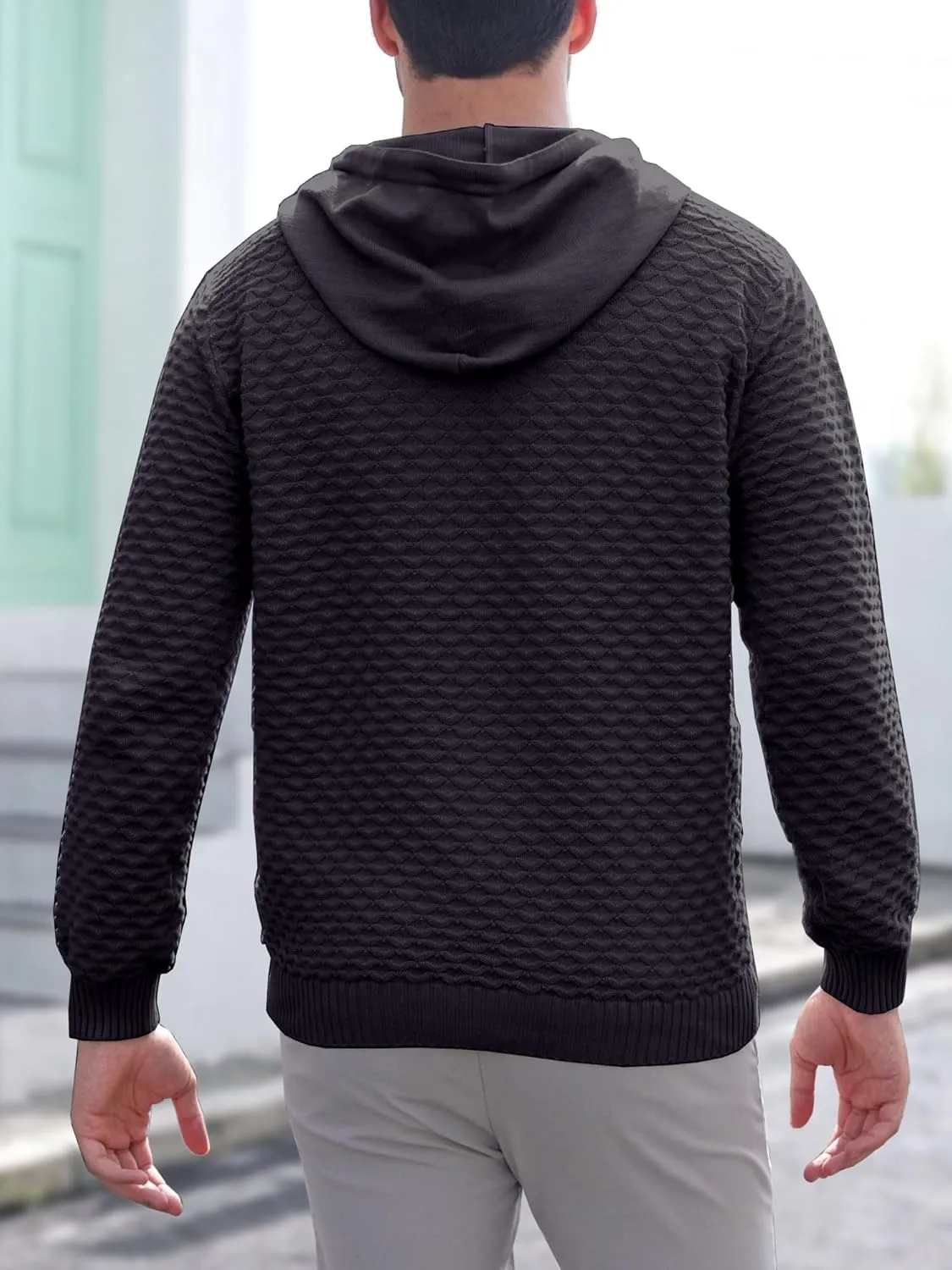 Mens Hooded Sweatshirt Casual Long Sleeve Drawstring Solid Knitted Hoodie Pullover Sweater