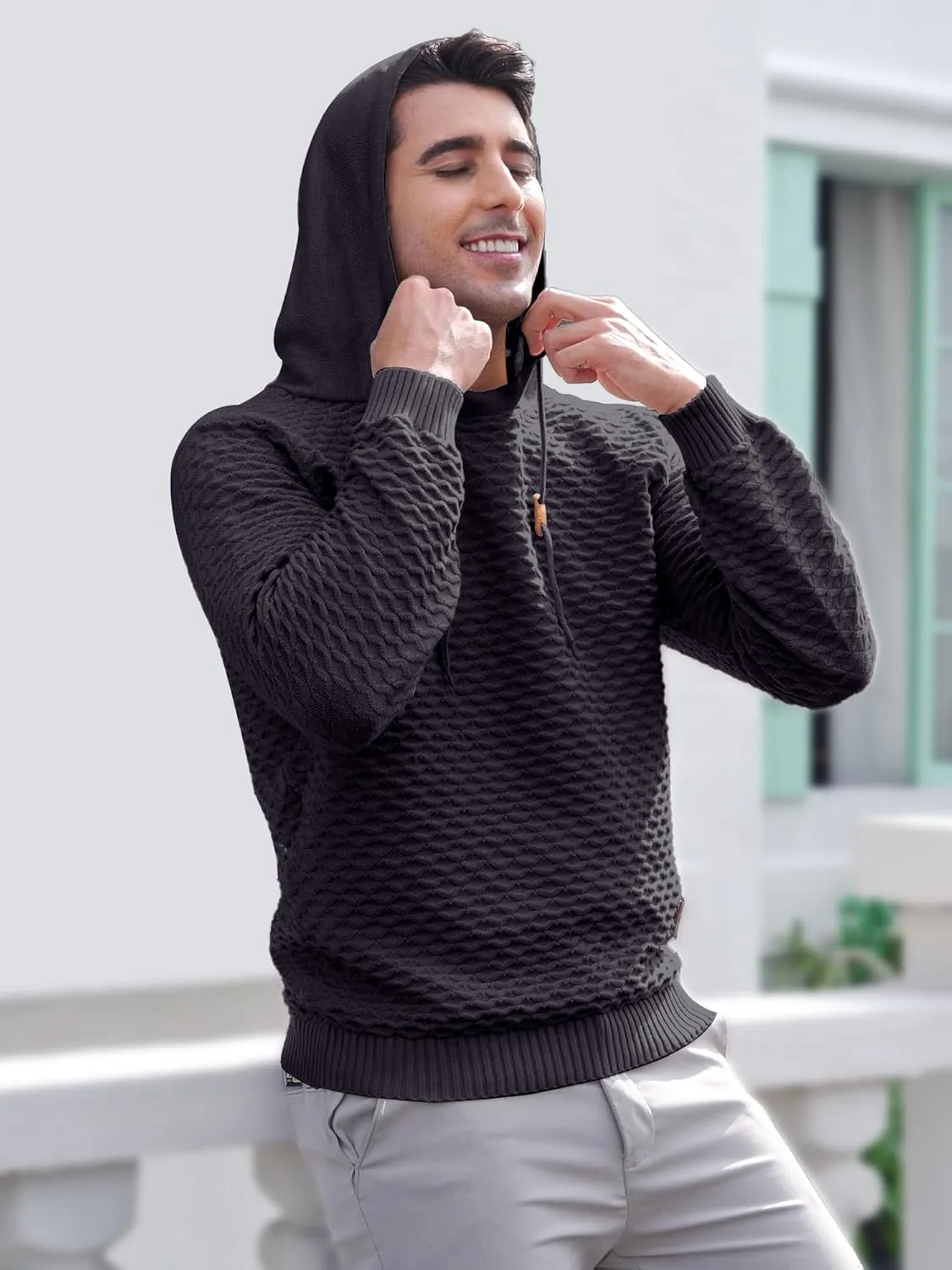Mens Hooded Sweatshirt Casual Long Sleeve Drawstring Solid Knitted Hoodie Pullover Sweater