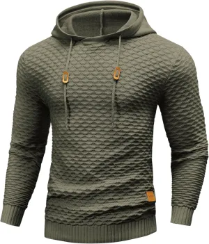 Mens Hooded Sweatshirt Casual Long Sleeve Drawstring Solid Knitted Hoodie Pullover Sweater