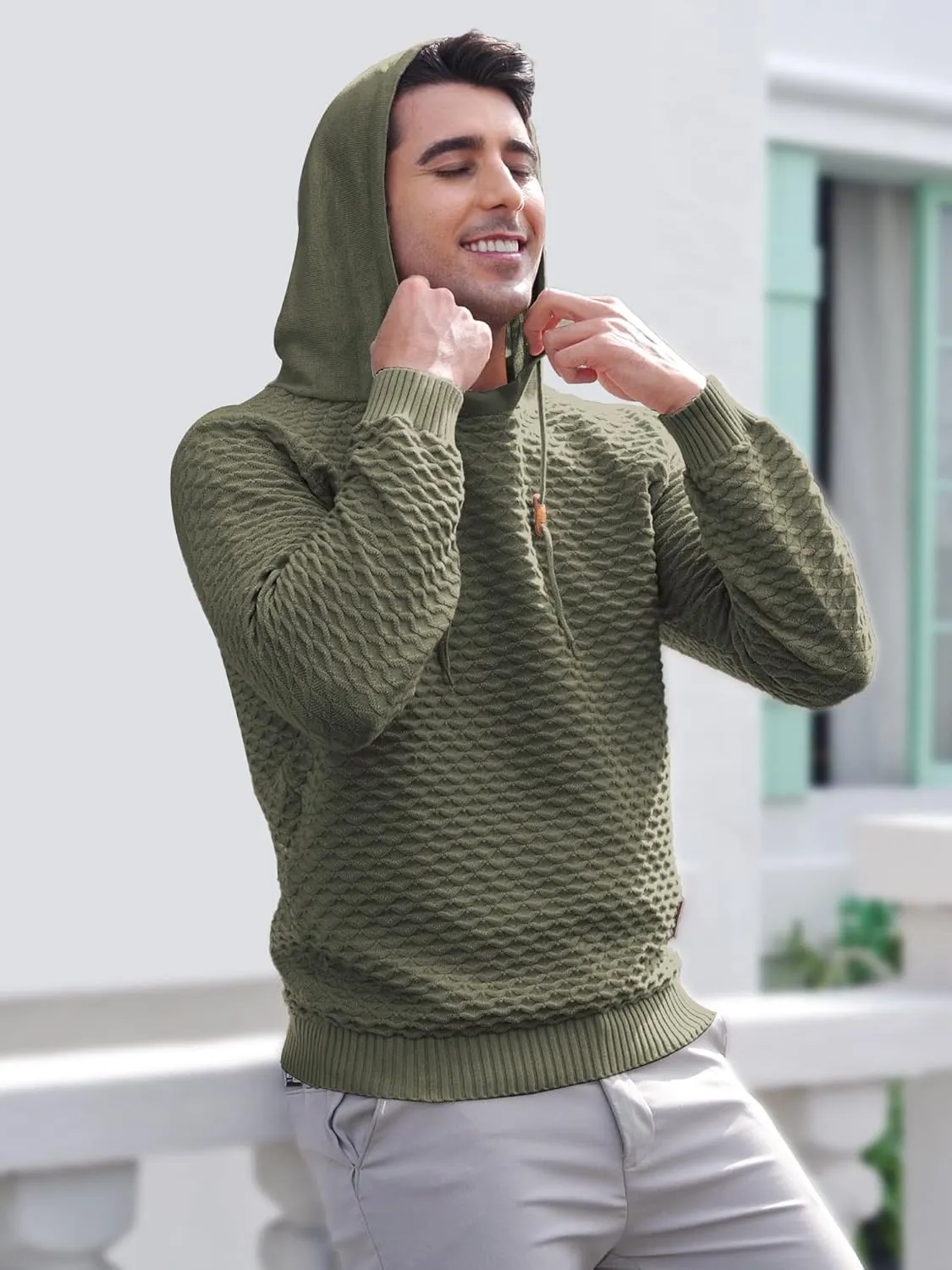 Mens Hooded Sweatshirt Casual Long Sleeve Drawstring Solid Knitted Hoodie Pullover Sweater