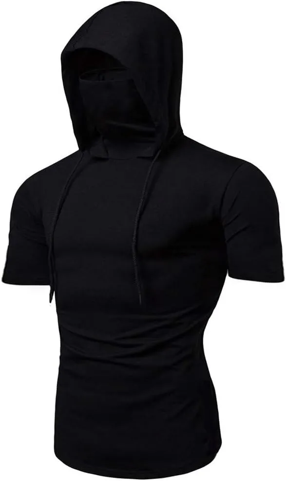 Mens Hoodie with Face_Mask Halloween Turtleneck Compression Top Quick Dry Baselayer Running Long Sleeve Sportwear