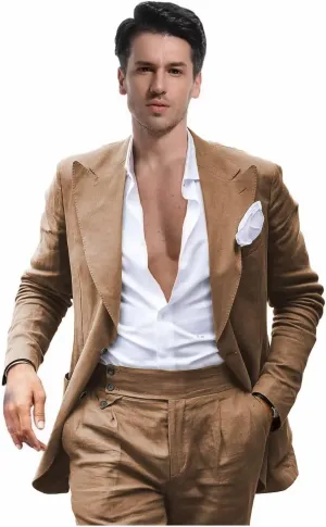 Mens Linen Suit for Beach Wedding Double Breasted Prom Tuxedos 2 Piece Peak Lapel Blazer Pants for Summer