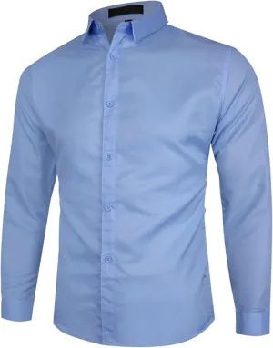 Men's Long Sleeve Dress Shirt Plaid Collar Casual Button Down Shirts Solid Business Formal Slim Fit Shirt
