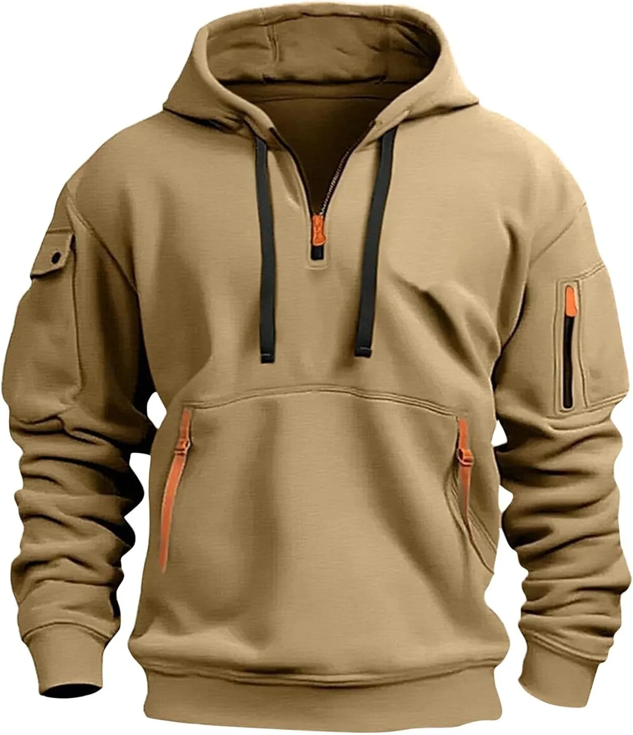 Mens Oversized Tactical Hoodie Fleece Quarter Zip Pullover Warm Work Hoodie Zip Pockets Plus Size Hooded Sweatshirt