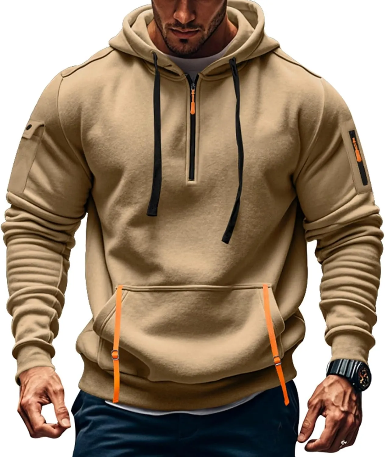 Mens Oversized Tactical Hoodie Fleece Quarter Zip Pullover Warm Work Hoodie Zip Pockets Plus Size Hooded Sweatshirt