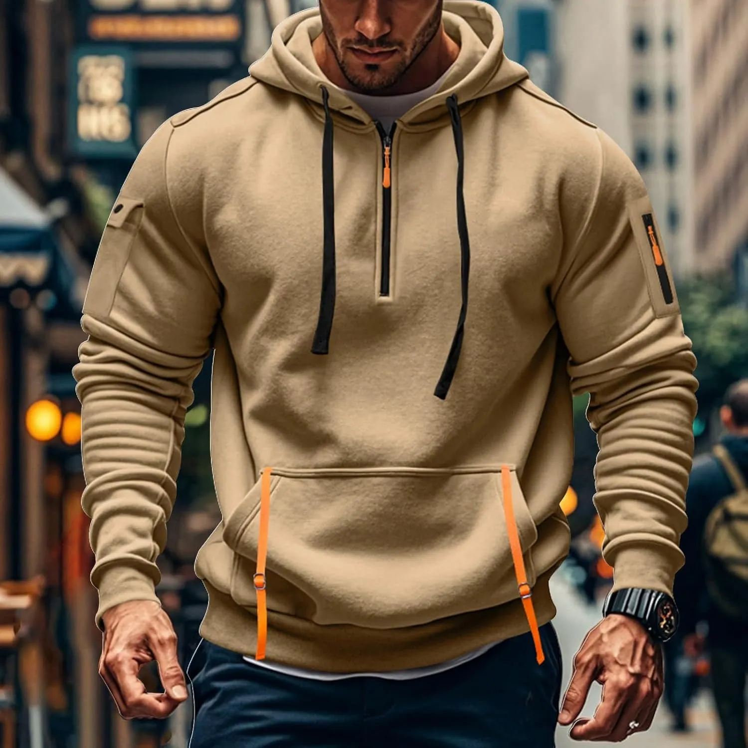 Mens Oversized Tactical Hoodie Fleece Quarter Zip Pullover Warm Work Hoodie Zip Pockets Plus Size Hooded Sweatshirt