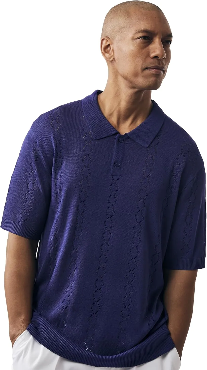 Mens Short Sleeve Knit Sports Shirt - Modern Polo Vintage Classics: Solid Cable Twist Jacquard Pattern