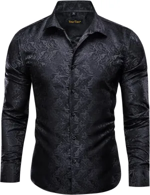 Mens Silk Paisley Dress Shirt Casual Button Down Shirt Long Sleeve Western Floral Shirts Wedding Party Holiday