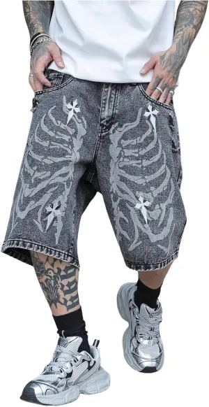 Men's Skeleton Graphic Jean Shorts Wide Leg Denim Jort Shorts with Pockets