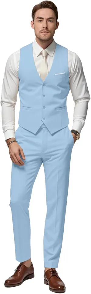 Mens Suits 2 Piece Slim Fit Suit Set V-Neck Solid Vest Pants Wedding Prom Tuxedo Set