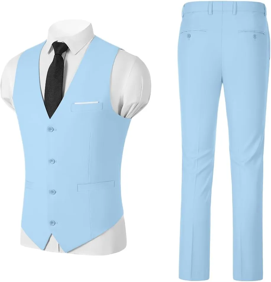 Mens Suits 2 Piece Slim Fit Suit Set V-Neck Solid Vest Pants Wedding Prom Tuxedo Set