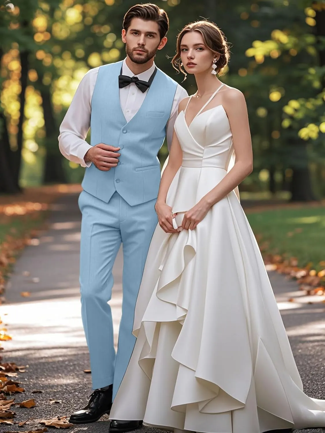 Mens Suits 2 Piece Slim Fit Suit Set V-Neck Solid Vest Pants Wedding Prom Tuxedo Set
