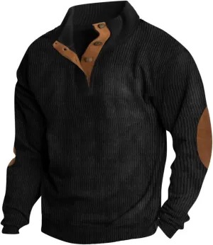 Mens Vintage Sweatshirt Casual Henley Pullover Waffle Button Up Sweater Long Sleeve Shirt with Patched Elbow