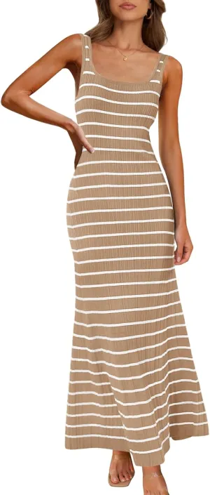 MEROKEETY Women's 2025 Sleeveless Summer Tank Dress Striped Bodycon Maxi Dress Square Neck Ribbed Knitted Sundress