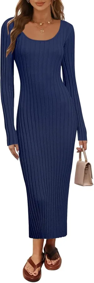 MEROKEETY Women's Fall Long Sleeve Sweater Dress Casual Ribbed Knit Slim Fit Bodycon Maxi Dresses