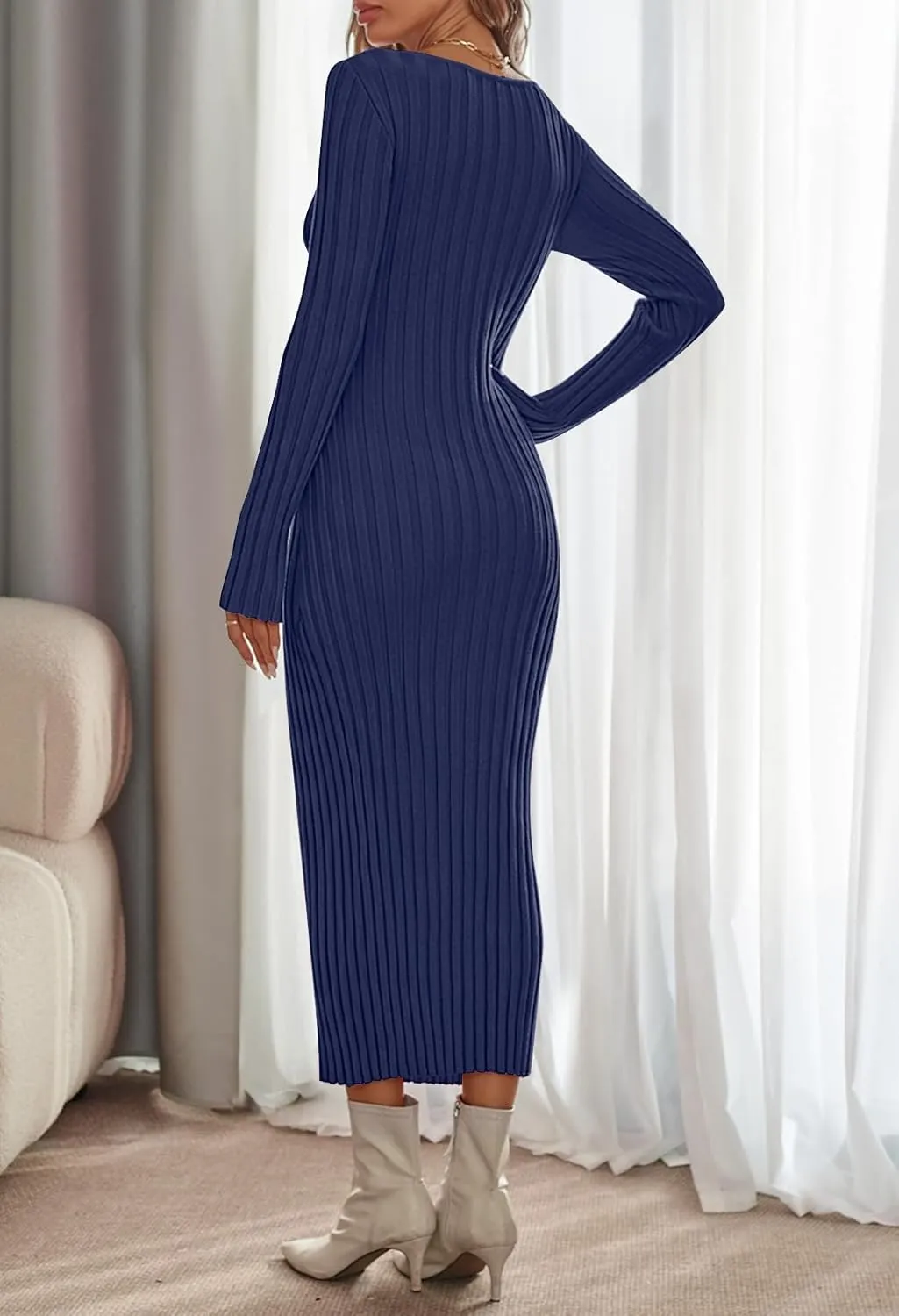 MEROKEETY Women's Fall Long Sleeve Sweater Dress Casual Ribbed Knit Slim Fit Bodycon Maxi Dresses