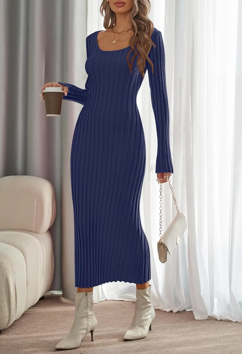 MEROKEETY Women's Fall Long Sleeve Sweater Dress Casual Ribbed Knit Slim Fit Bodycon Maxi Dresses