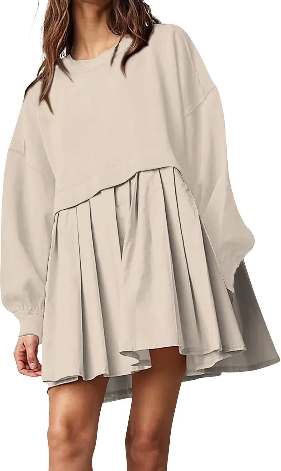 midelxp Womens Oversized Sweatshirt Dress Crewneck Patchwork Preppy Clothes Fall Long Sleeve Pullover Pleated Hem Mini Dress