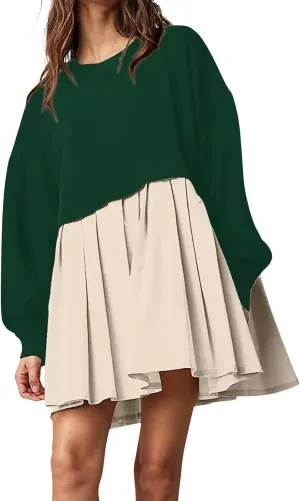 midelxp Womens Oversized Sweatshirt Dress Crewneck Patchwork Preppy Clothes Fall Long Sleeve Pullover Pleated Hem Mini Dress