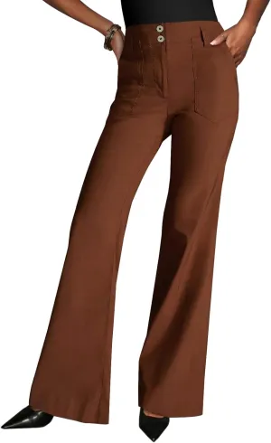 miduo Womens Solid Stretchy Buttons Wide Leg Straight Leg Long Flare Pants Trousers with Pockets