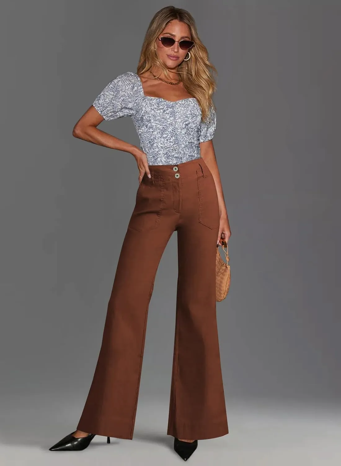 miduo Womens Solid Stretchy Buttons Wide Leg Straight Leg Long Flare Pants Trousers with Pockets